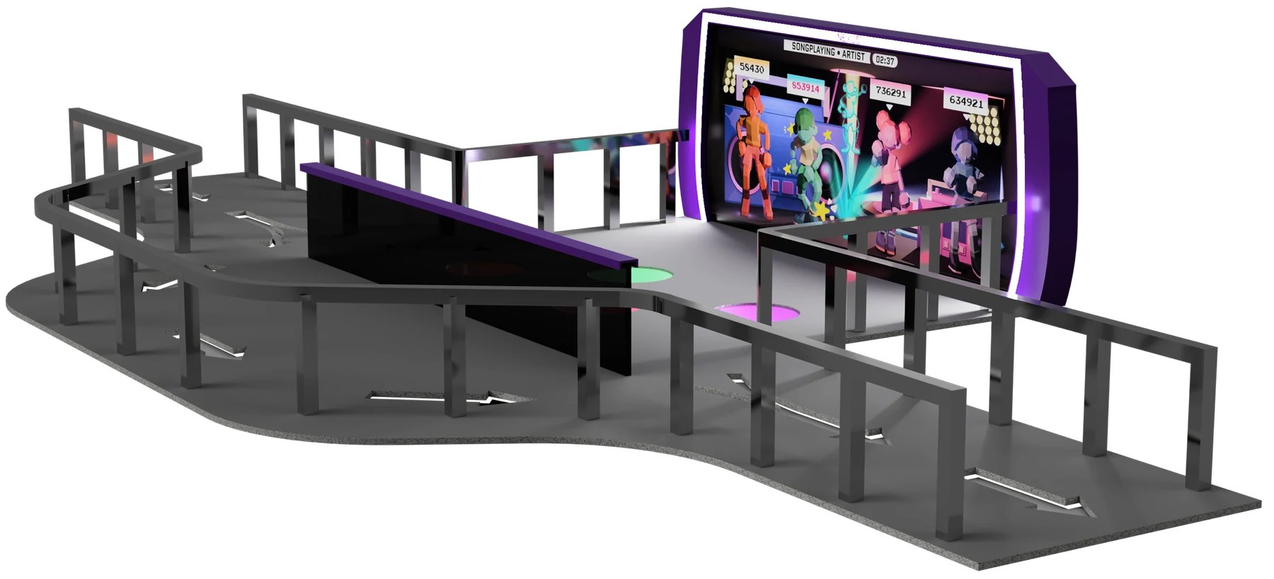 Render of the Rhythm Rush queue space: a railed walkway leading to a curved screen showing four dancing characters
