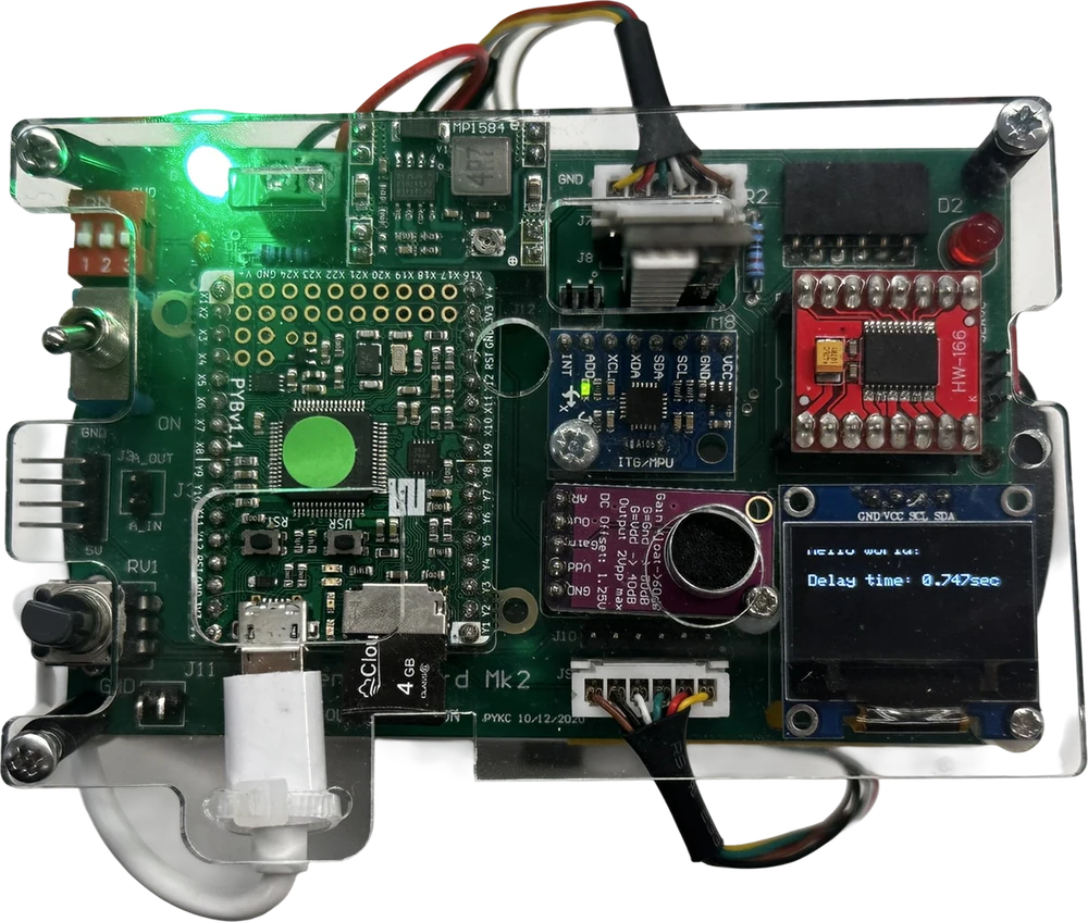 The PyBench board from above, with the Pyboard, IMU, microphone, motor driver and screen